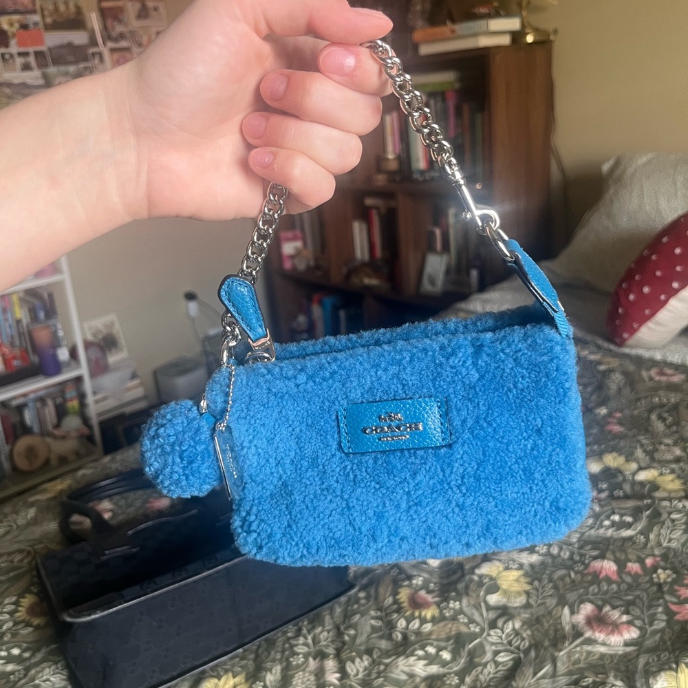 Coach Bright Blue Shearling Mini Wristlet with Chain Strap